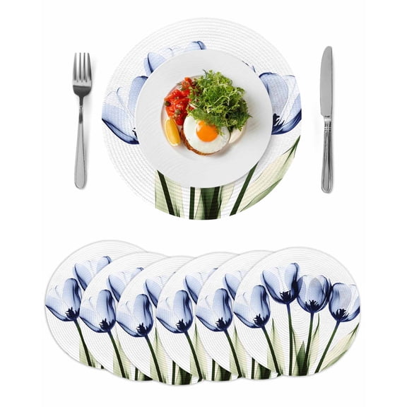 Round Woven Placemats set of 6, Royal Blue Tulip Floral Washable&Heat Resistant Plastic Wipeable Placemats for Round Table Watercolor Flowers Kitchen Dining Table Decor, 13in,