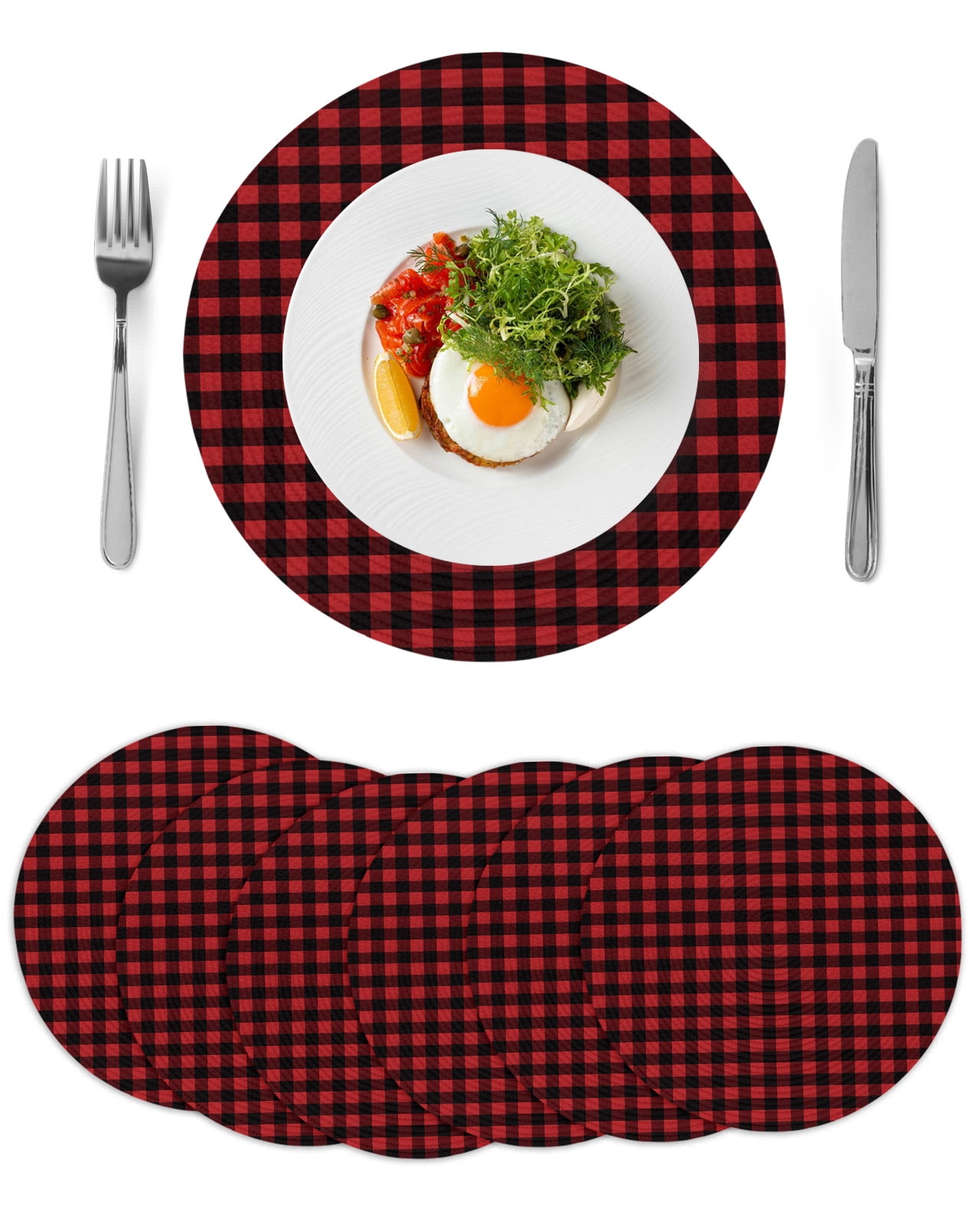 Round Woven Placemats set of 6, Rustic Red Black Buffalo Check Plaid Pattern Washable&Heat Resistant Plastic Wipeable Placemats for Round Table Christmas Kitchen Dining Table Decor, 13in,