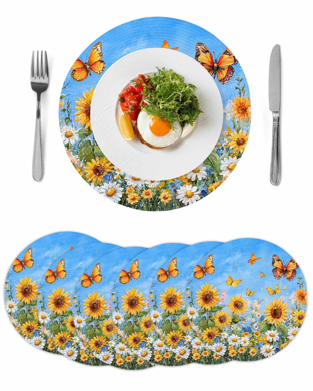 Round Woven Placemats set of 6, Sunflower Daisy Butterfly Washable&Heat ...