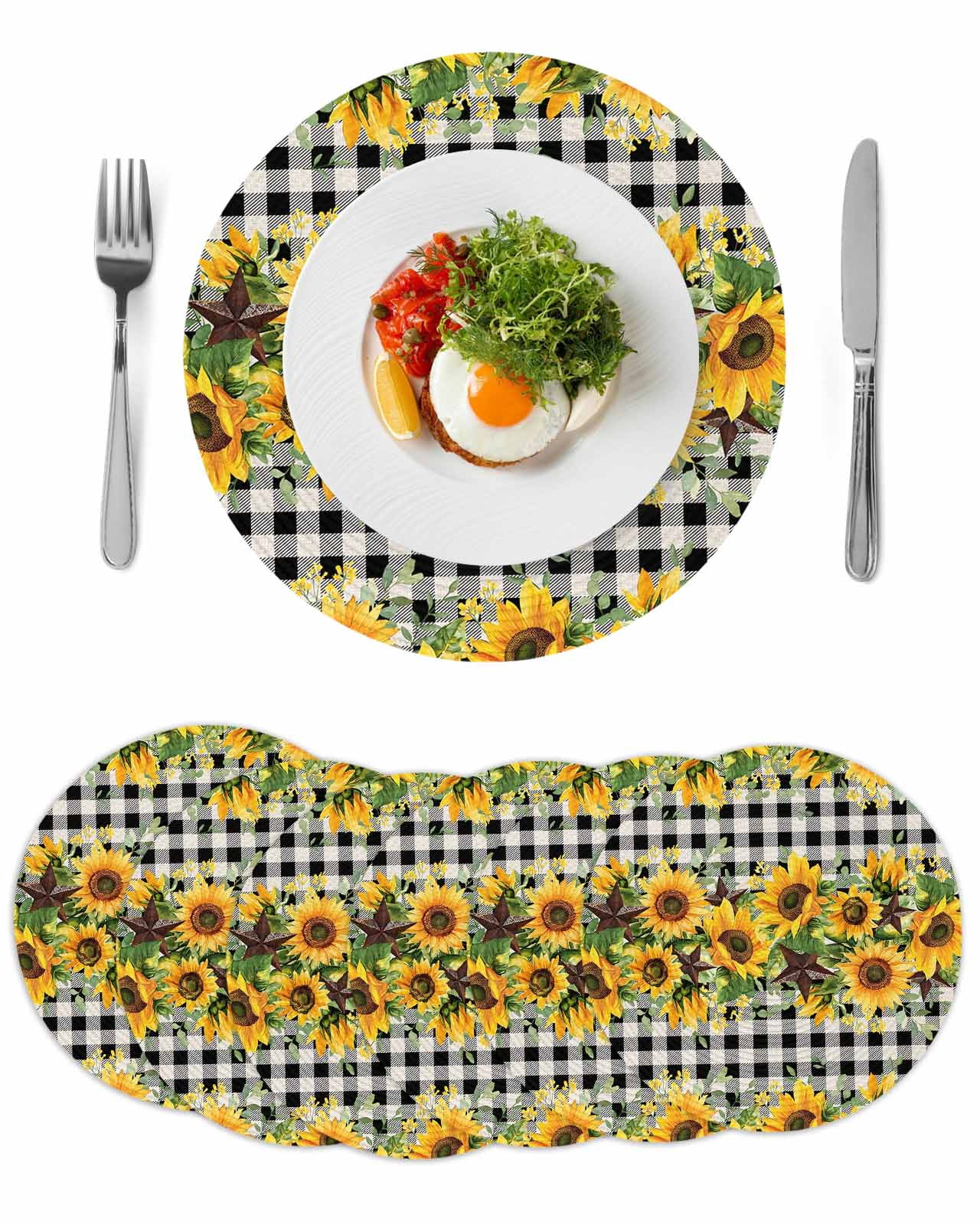 Round Woven Placemats set of 6, Sunflower Washable&Heat Resistant Plastic Wipeable Placemats for Round Table Rustic Farmhouse Barn Star Kitchen Dining Table Decor, 15in, Black Buffalo Plaid