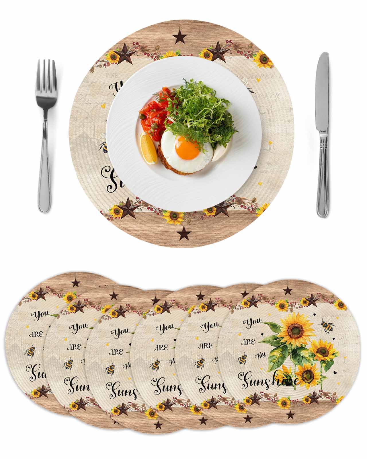 Round Woven Placemats set of 6, Sunflower You Are My Sunshine Washable ...