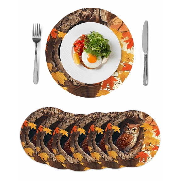 Round Woven Placemats set of 6, Thanksgiving Autumn Washable&Heat Resistant Plastic Wipeable Placemats for Round Table Red Maple Leaves Owl Kitchen Dining Table Decor, 13in, Fire Orange