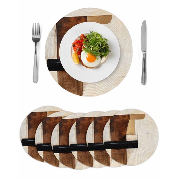 Round Woven Placemats set of 6, Vintage Brown Color Blocks Washable&Heat Resistant Plastic Wipeable Placemats for Round Table Abstract Graffiti Art Modern Kitchen Dining Table Decor, 15in,