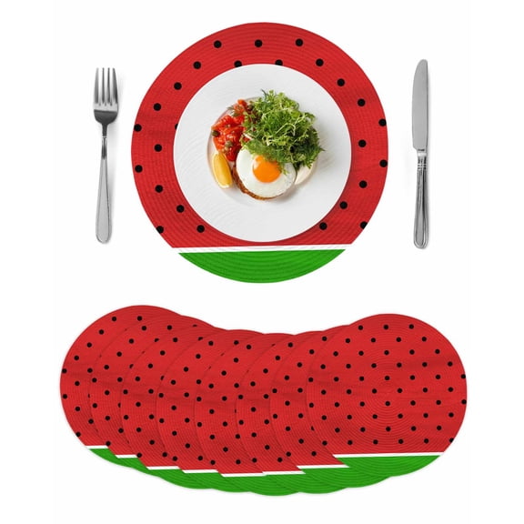 Round Woven Placemats set of 8, Abstract Summer Washable&Heat Resistant Plastic Wipeable Placemats for Round Table Watermelon Polka Dot Kitchen Dining Table Decor, 15in, Green Red