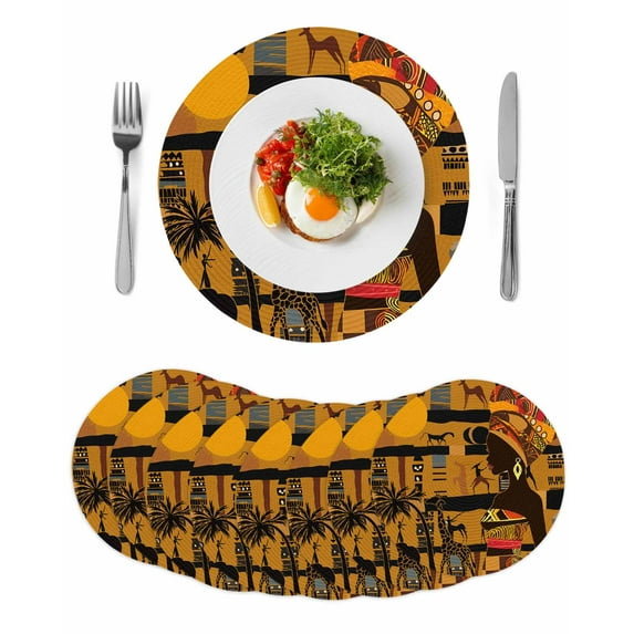 Round Woven Placemats set of 8, Black African Women Washable&Heat Resistant Plastic Wipeable Placemats for Round Table Animal Giraffe Elephant Kitchen Dining Table Decor, 13in, Burnt Orange