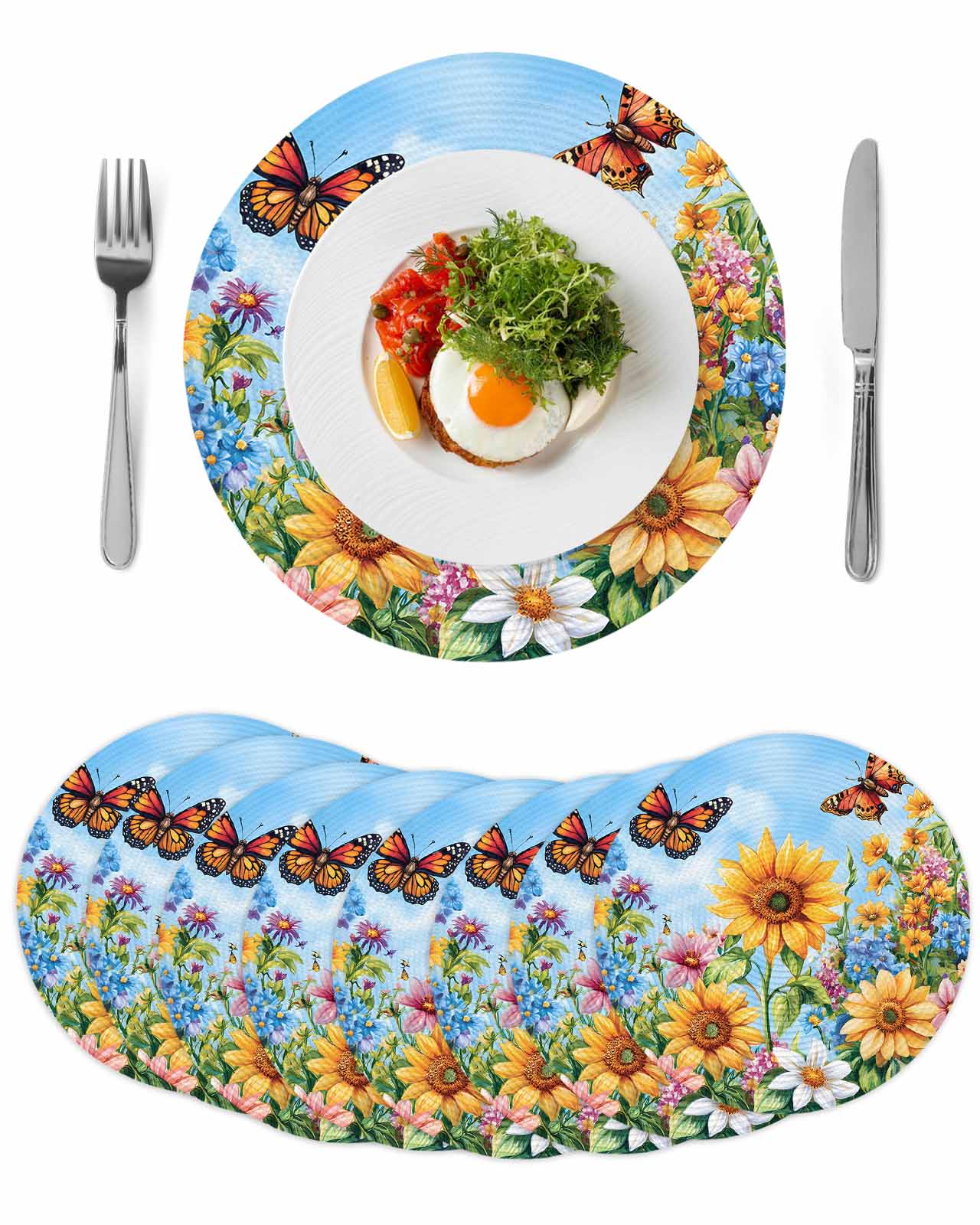 Round Woven Placemats set of 8, Butterfly Sunflower Washable&Heat ...