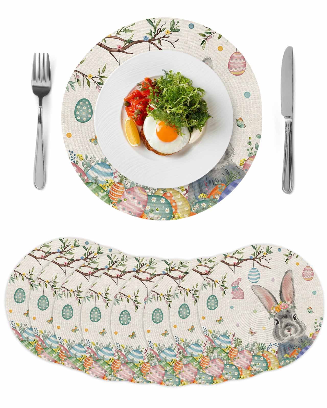 Round Woven Placemats set of 8, Eggs Bunny Easter Tree Washable&Heat Resistant Plastic Wipeable Placemats for Round Table Spring Floral Kitchen Dining Table Decor, 15in, Beige