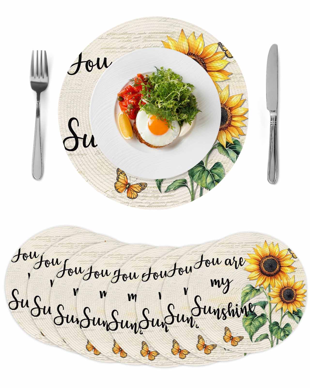 Round Woven Placemats set of 8, Farmhouse Floral Sunflower Washable ...