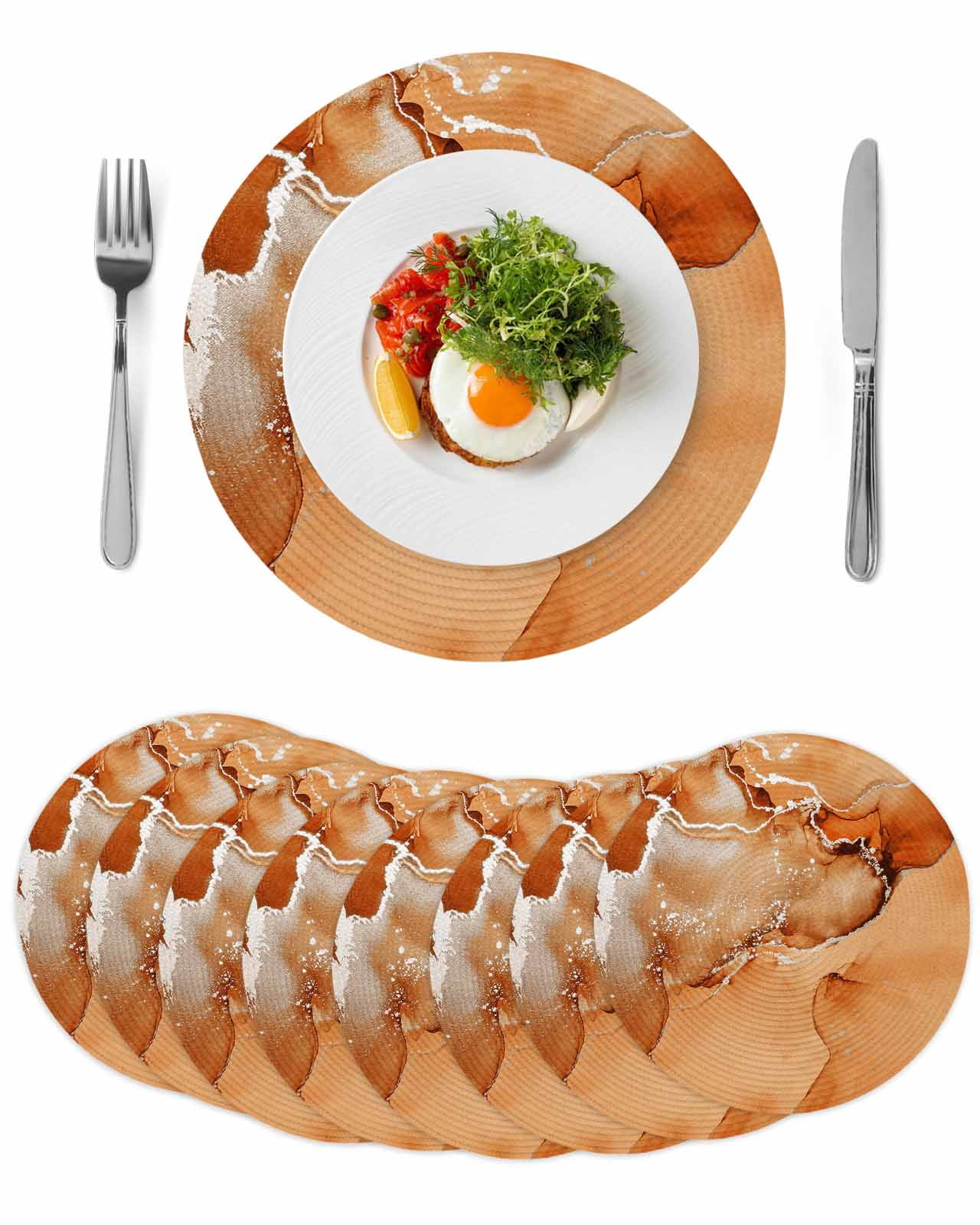 Round Woven Placemats set of 8, Orange Marble Textured Washable&Heat Resistant Plastic Wipeable Placemats for Round Table Abstract Ocean Fluid Art Kitchen Dining Table Decor, 13in,
