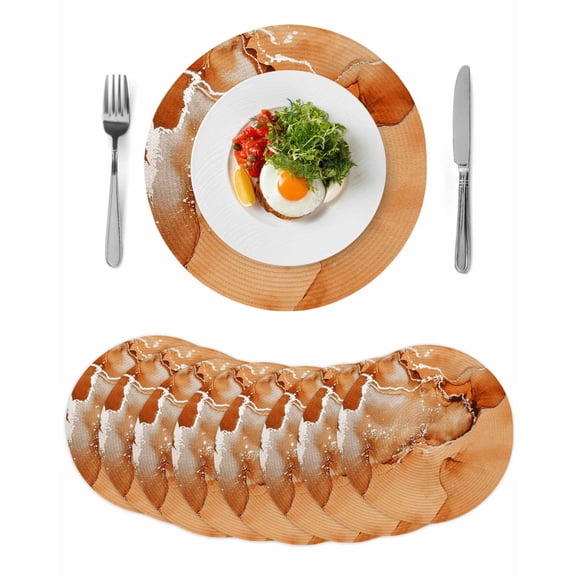 Round Woven Placemats set of 8, Orange Marble Textured Washable&Heat Resistant Plastic Wipeable Placemats for Round Table Abstract Ocean Fluid Art Kitchen Dining Table Decor, 13in,