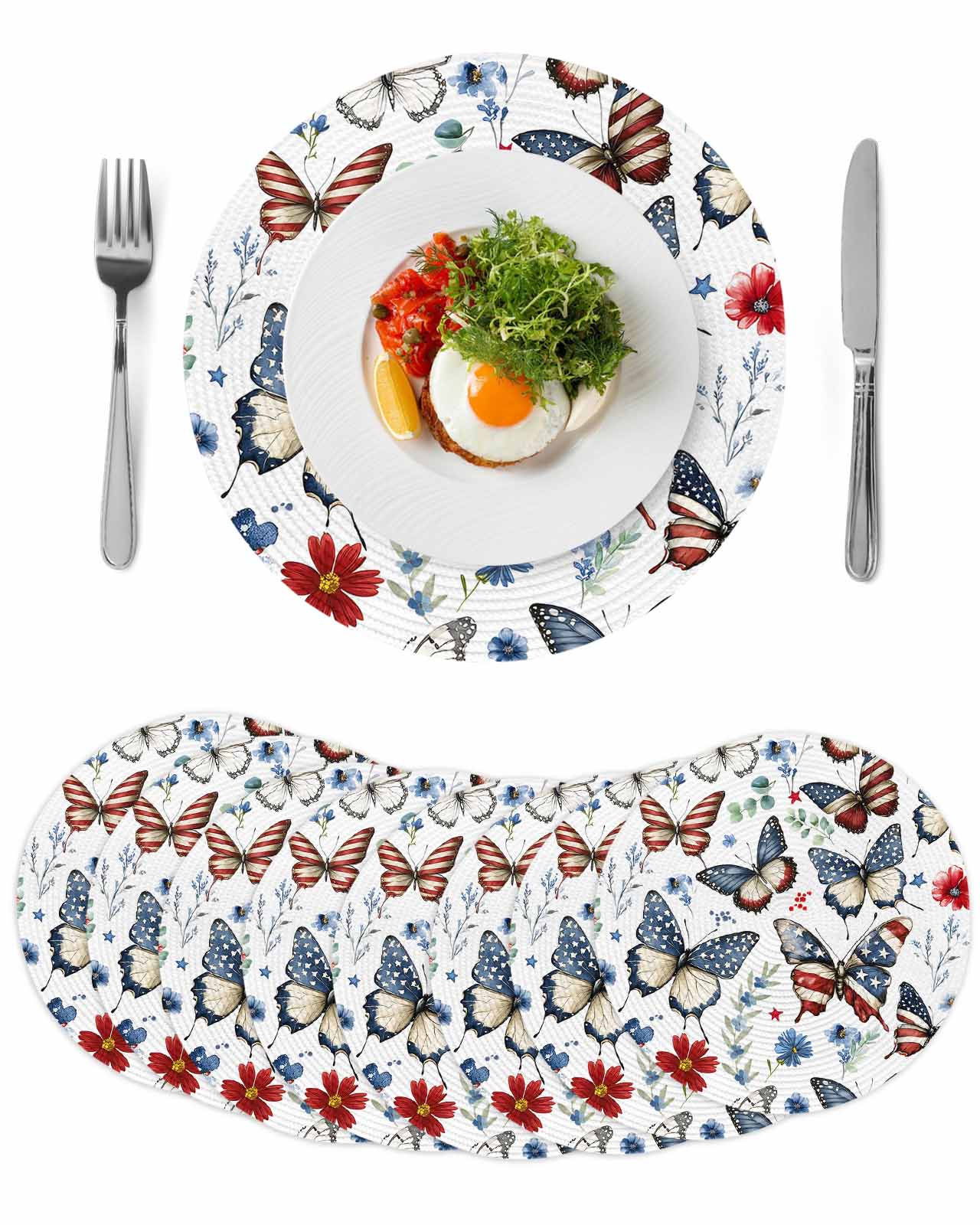 Round Woven Placemats set of 8, Patriotic Butterfly 4th of July ...