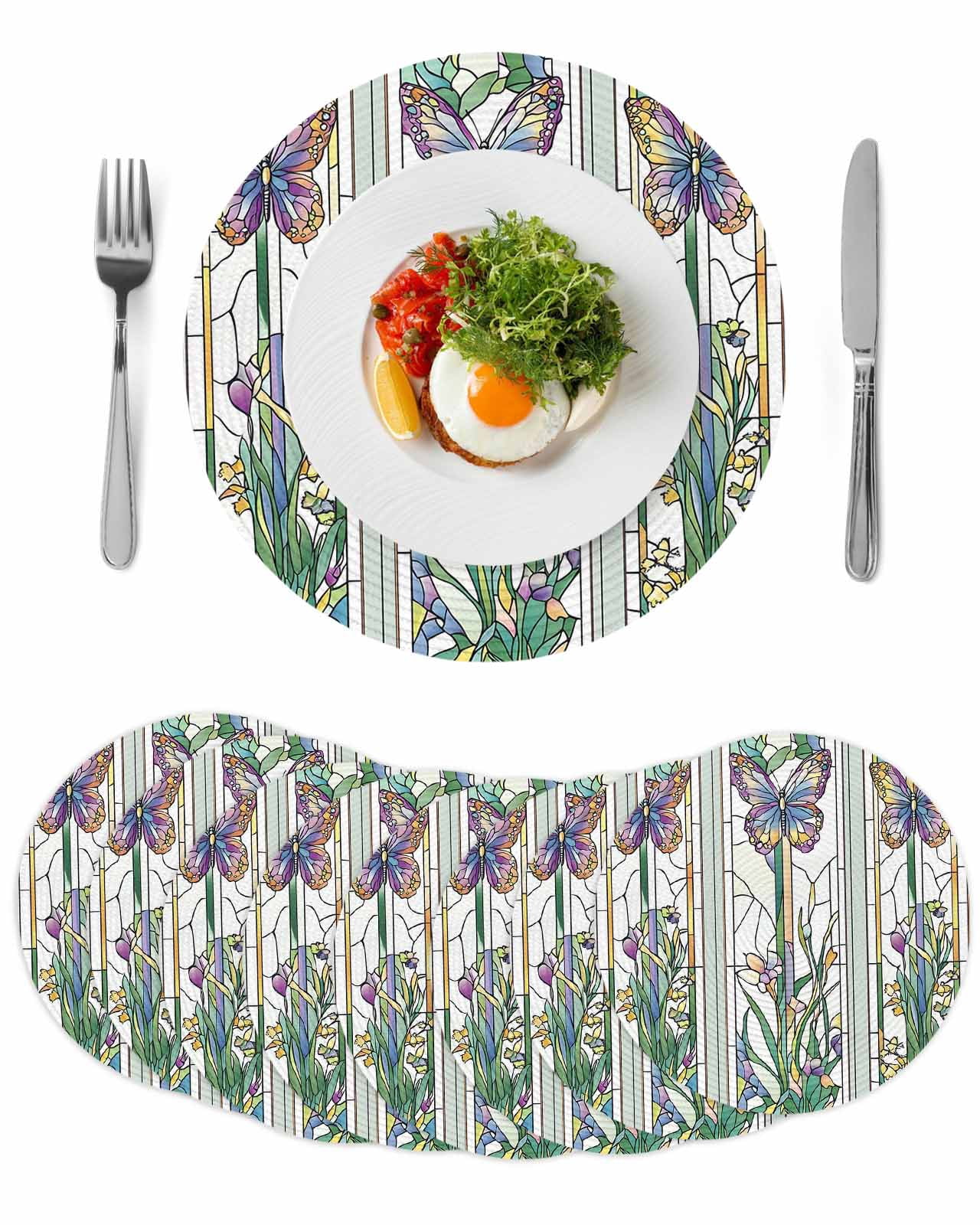 Round Woven Placemats set of 8, Purple Butterfly Washable&Heat ...