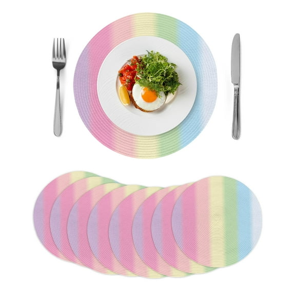 Round Woven Placemats set of 8, Rainbow Minimalnist Stripe Washable&Heat Resistant Plastic Wipeable Placemats for Round Table Candy Texture Kitchen Dining Table Decor, 15in,