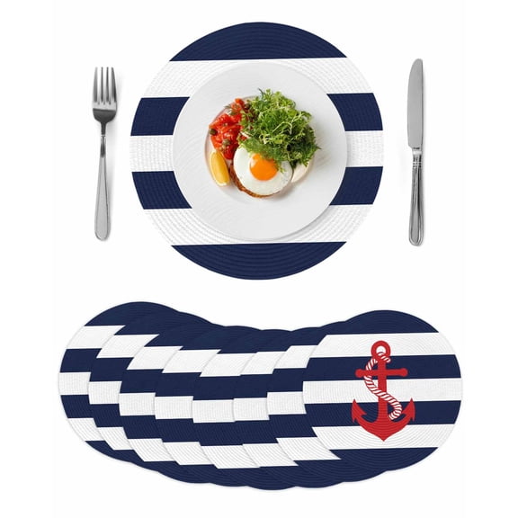 Round Woven Placemats set of 8, Red Coastal Nautical Anchor Washable&Heat Resistant Plastic Wipeable Placemats for Round Table White Navy Blue Striped Kitchen Dining Table Decor, 13in,