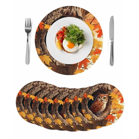 Round Woven Placemats set of 8, Thanksgiving Autumn Washable&Heat Resistant Plastic Wipeable Placemats for Round Table Red Maple Leaves Owl Kitchen Dining Table Decor, 13in, Fire Orange