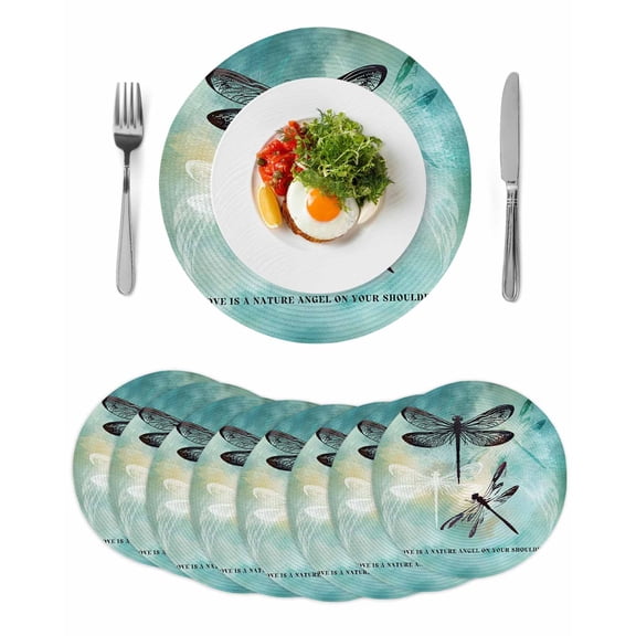 Round Woven Placemats set of 8, Vintage Dragonfly Washable&Heat Resistant Plastic Wipeable Placemats for Round Table Teal Blue Kitchen Dining Table Decor, 13in,