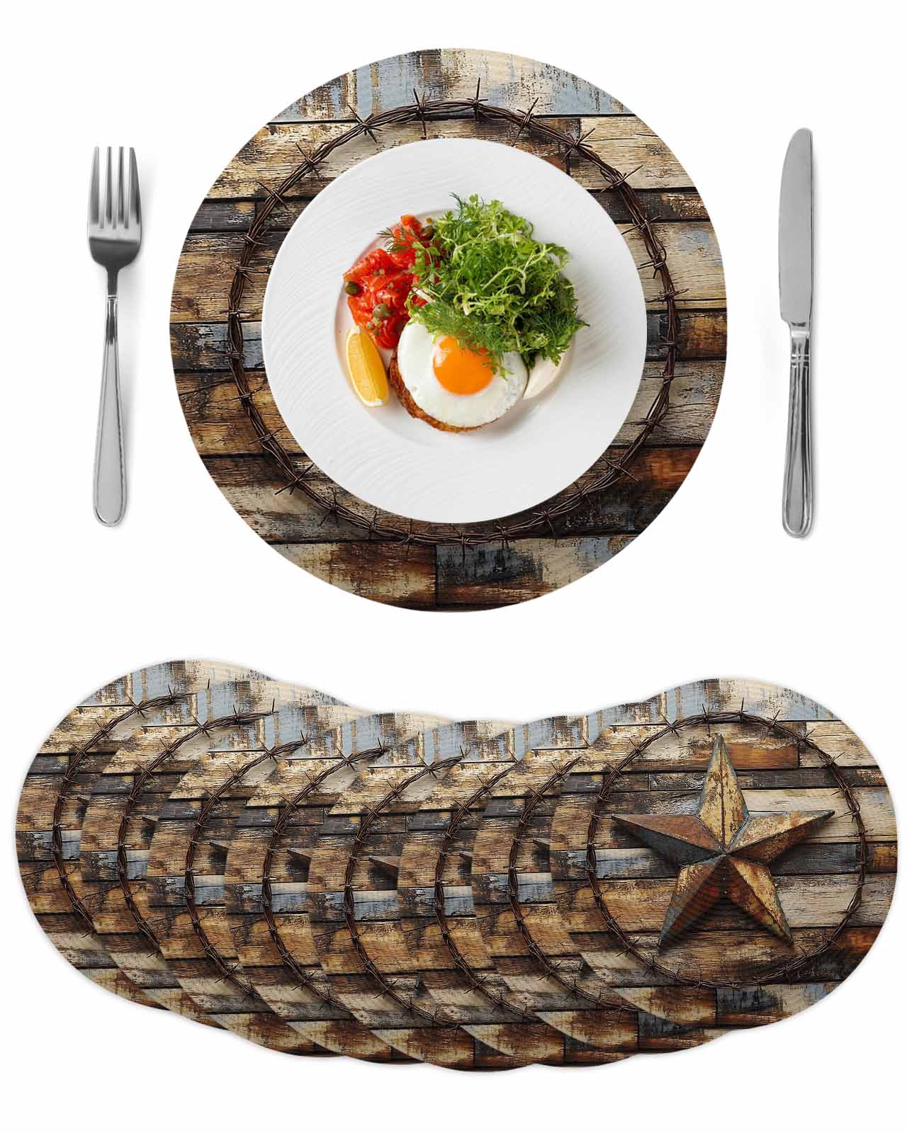 Round Woven Placemats set of 8, Vintage Farmhouse Barn Star Washable ...