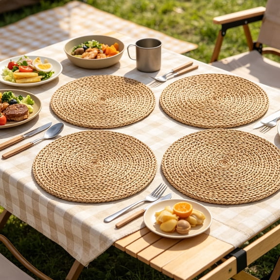 Round Woven Plate Placemats,Set of 4,Farmhouse Rustic Straw Braided Chargers Place Mats,Boho Cattail Weave Table Mats,for Dining Plates Table Decor Home Wedding Party 15 Inch