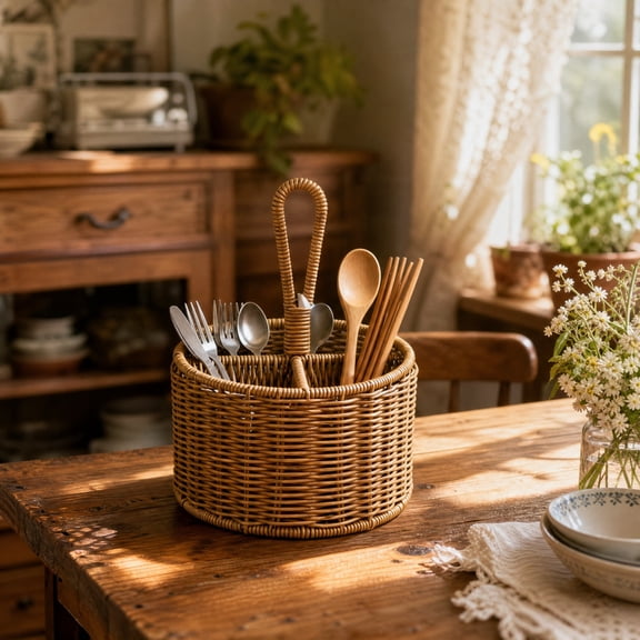 Round Woven Rattan Utensil Caddy, 4 Compartment Flatware Storage Basket with Handle for Dining Table