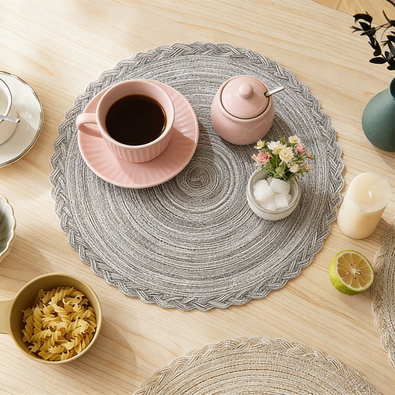 Round Woven Washable Placemats, Heat Resistant Non-Slip Table Mats for Dining Table Kitchen, 15in Braided Place Mats for Bowl Plate Cup Countertop Protector Home Decor, 15in/38cm, Gray