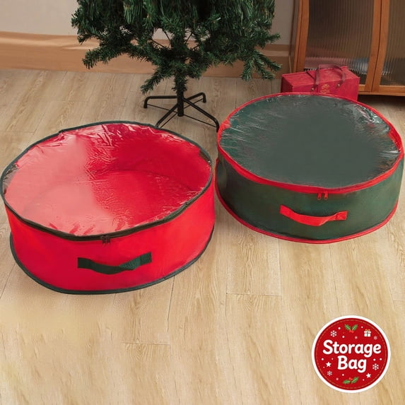 Round Wreath Storage Bag, Single Sided Transparent Capacity Pouch, Reinforced Handles Smooth Zipper, Holds Christmas Wreaths Garlands, Guards Decor from Damp and Squeezing for Seasonal Storage