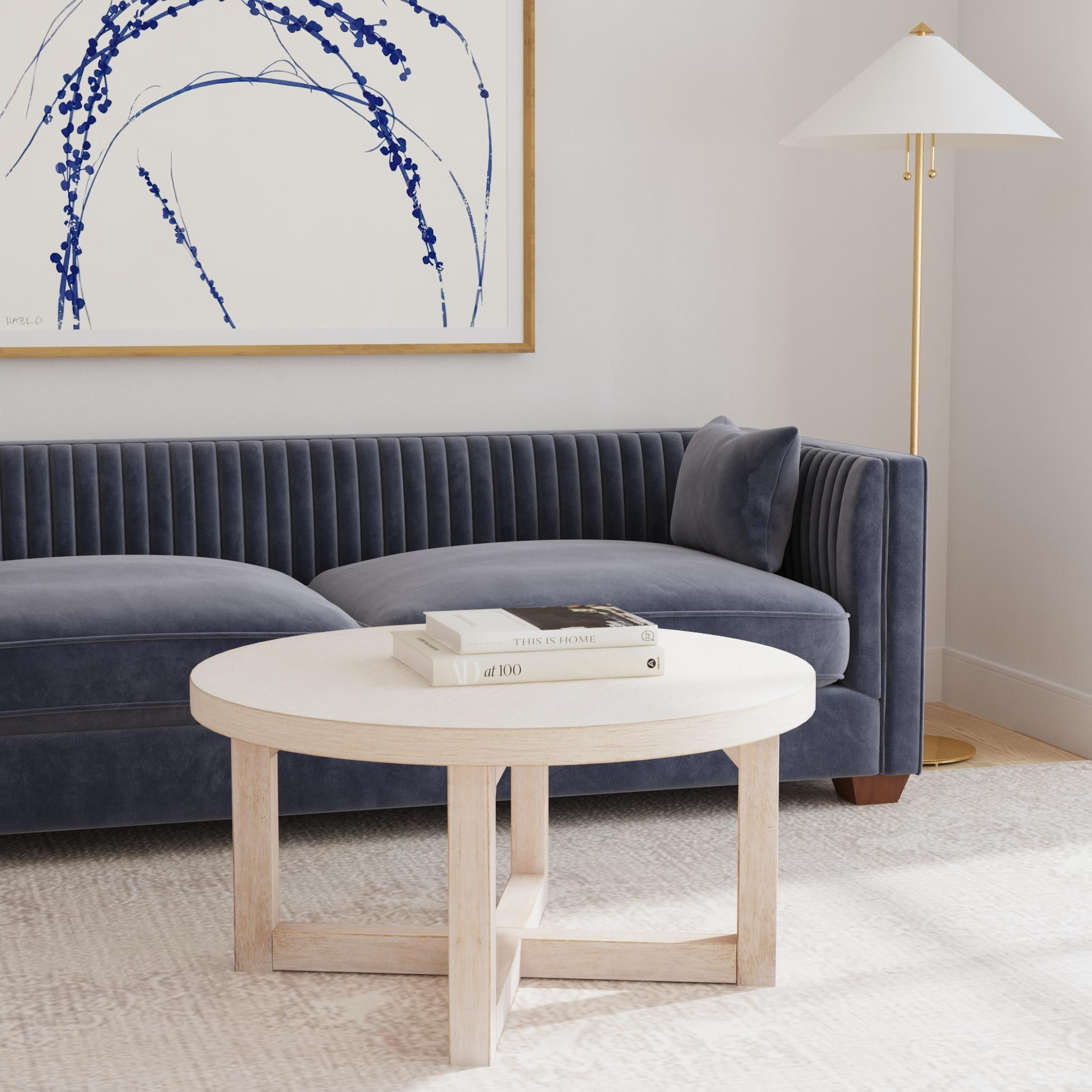 Whitewash Solid Wood Round Coffee Table with X-Frame Base