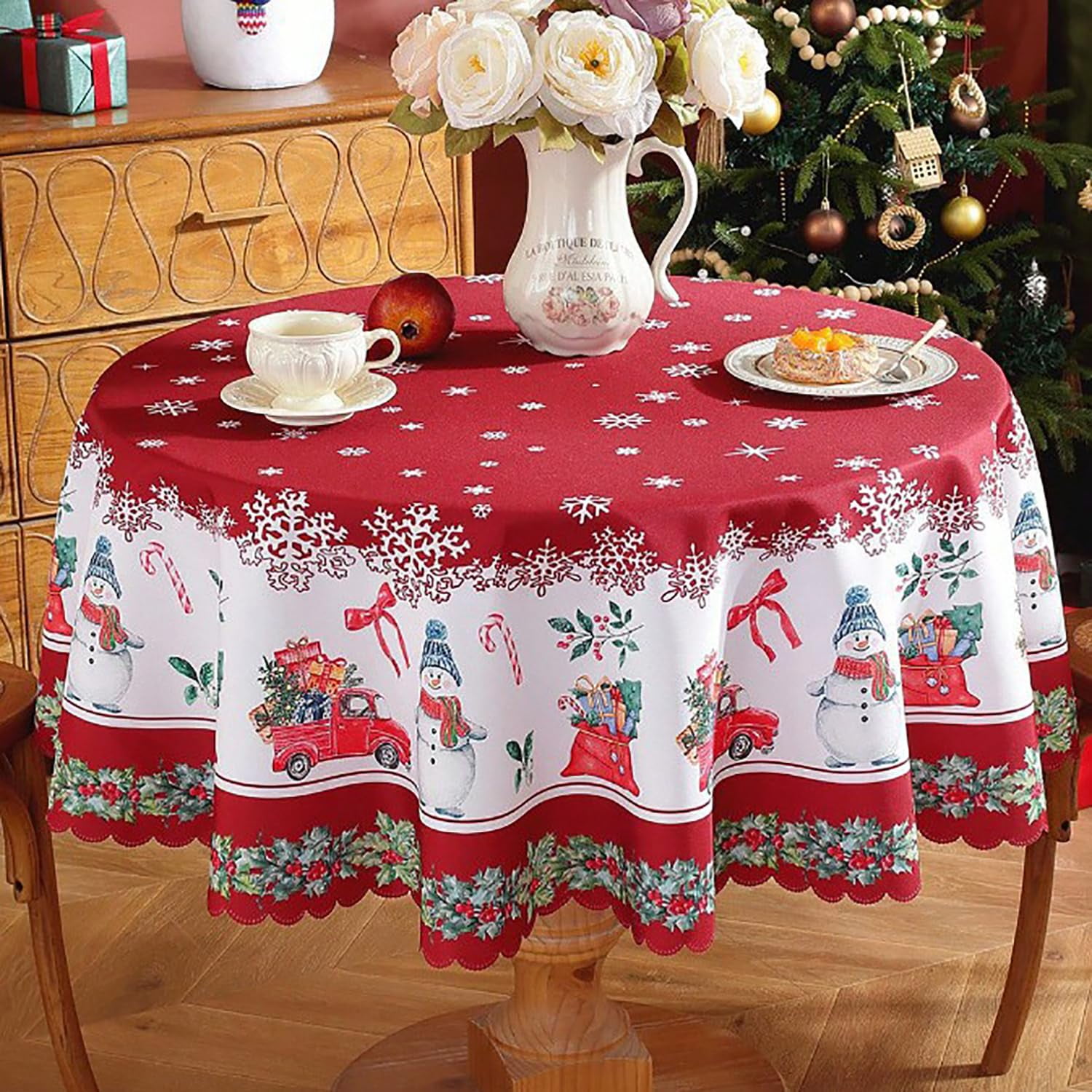 Round Xmas Tablecloth, Stain Resistant and Washable Christmas Table ...