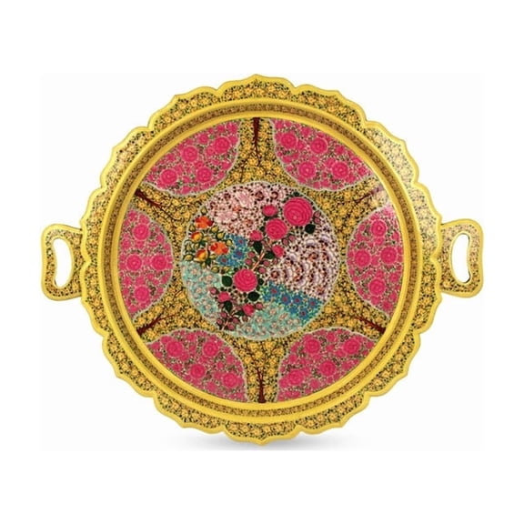 Natriel Large Size Handmade Eco-Friendly Decorative Papier Mache Serving Tray, 21.2 x 17.7 inches, Traditional Floral Design (Round Yellow, 21 ")