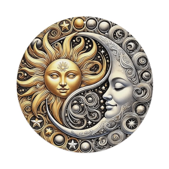 Round Yin Yang Sun and Moon Faces Aluminum Metal Sign, 8 Inch Celestial Wall Decor Plaque for Spiritual Room, Bedroom, Yoga Studio