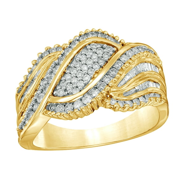 AFFY Round & Baguette Shape White Natural Diamond Wave Ring in 10k Yellow Gold (1 cttw) By