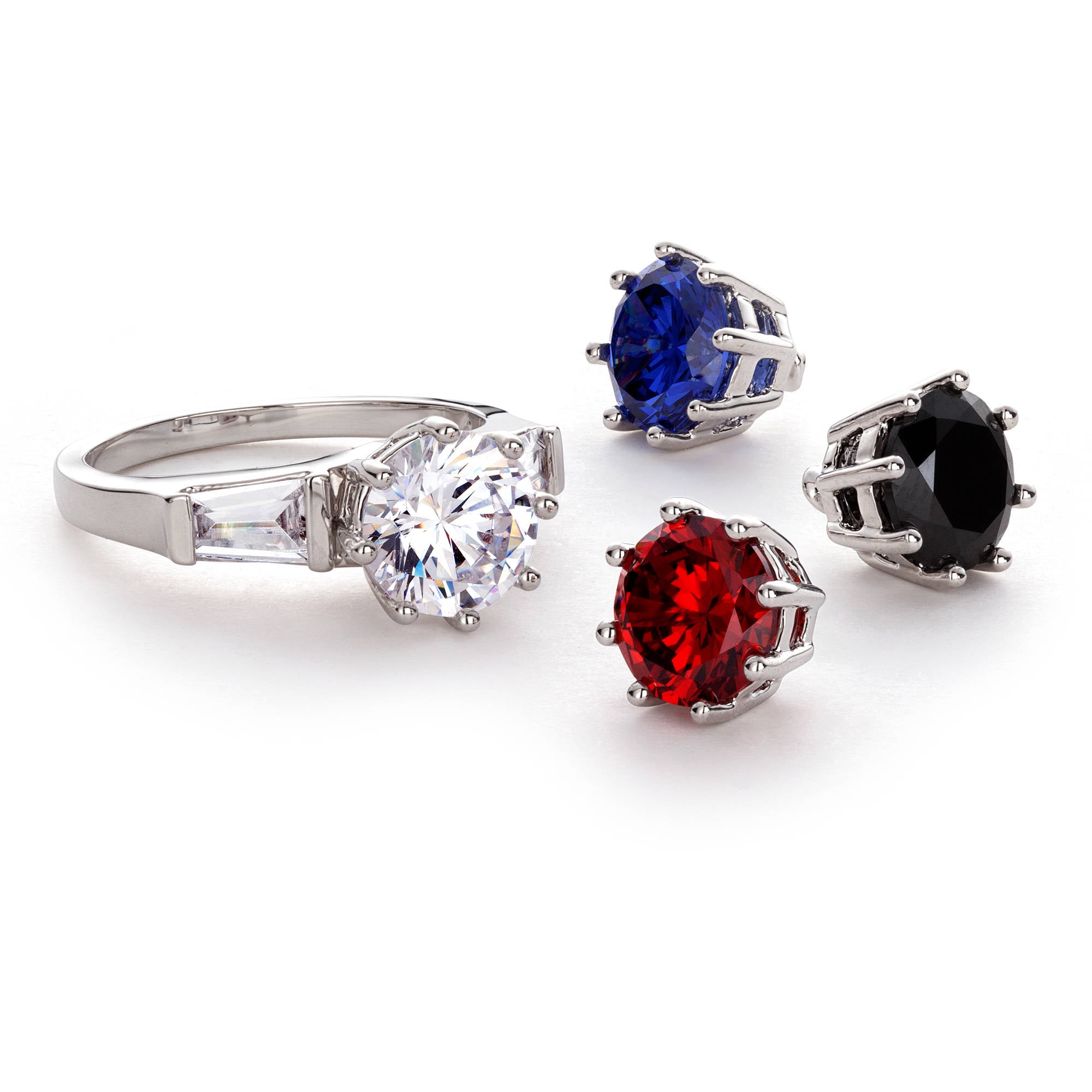 Round and Baguette CZ Rhodium-Plated Styleshifter Jeweltone Ring