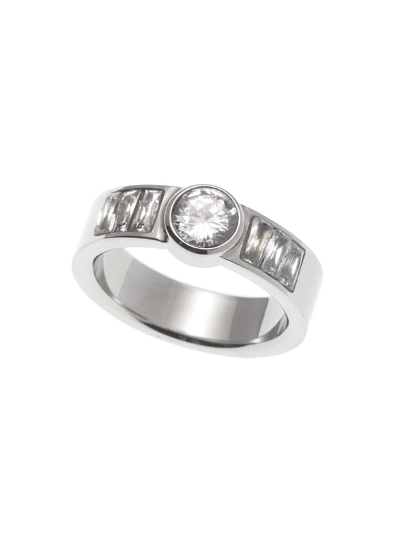 Round and Baguette Cut Cubic Zirconia Stainless Steel Engagement Ring size 9