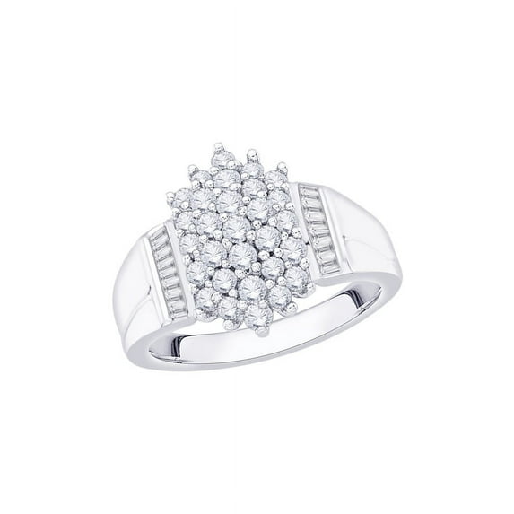 Round and Baguette Cut Diamond Fashion Ring in 10K White Gold (1 cttw) (I-Color, SI3/I1-Clarity) (Size-7.5)