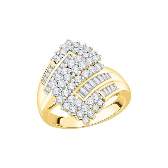 Round and Baguette Cut Diamond Fashion Ring in 14K Yellow Gold (1 1/2 cttw) (I-Color, SI3/I1-Clarity) (Size-10)