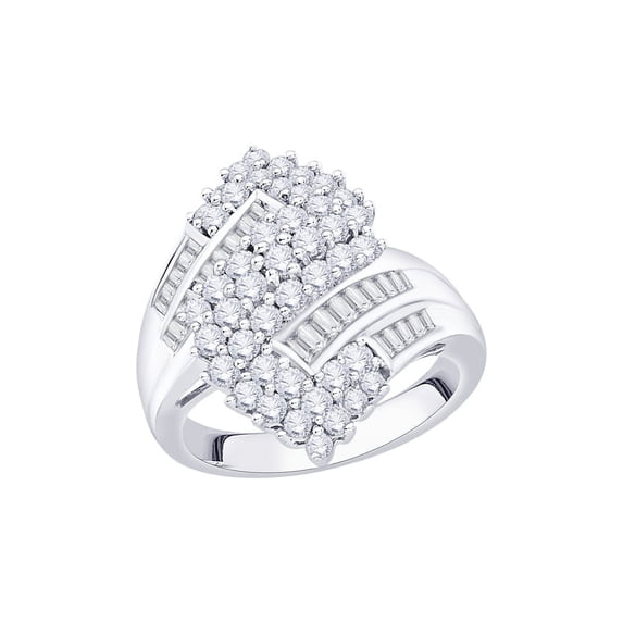 Round and Baguette Cut Diamond Fashion Ring in Sterling Silver (1 1/2 cttw) (I-Color, SI3/I1-Clarity) (Size-10)