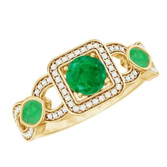 Rosec Jewels Emerald Vintage Inspired Engagement Ring for Women - Natural Emerald Diamond Ring (AAA Quality) - With Jewelry Box, 14K Yellow Gold, US 4.00
