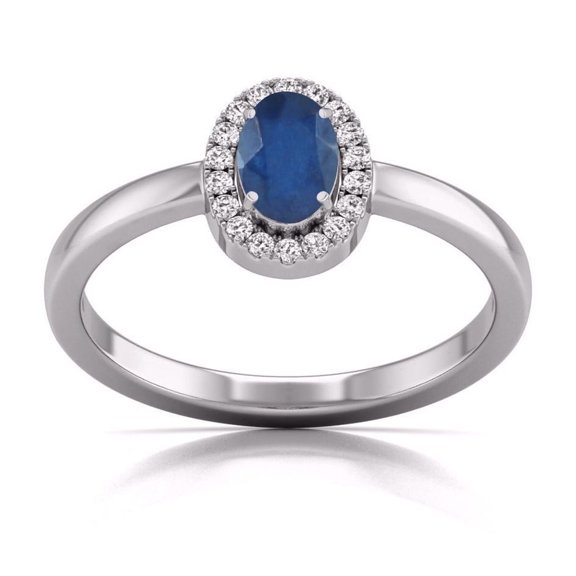 Round and Oval Shape Natural Sapphire Gemstone Ring in 14K White Gold (Size: 9.5)