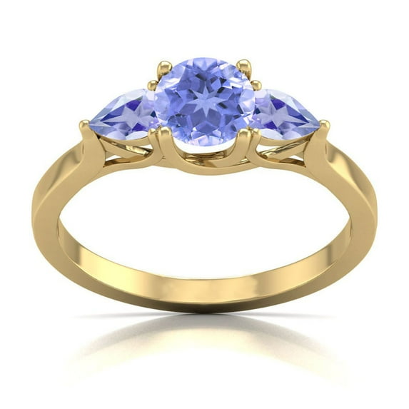 Round and Pear Cut Natural Tanzanite Gemstone Ring in 14K Yellow Gold ( Size: 9)