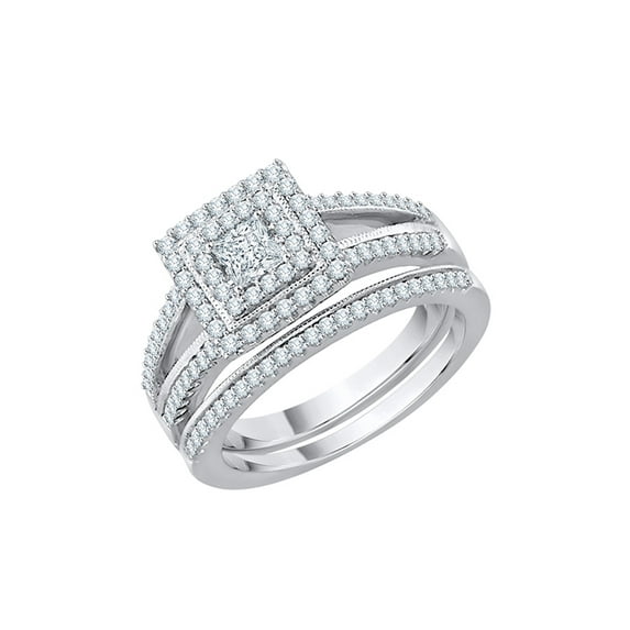 Round and Princess Cut Diamond Bridal Set in 14K White Gold (3/4 cttw, G-H, I2-I3)