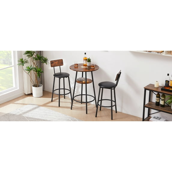 Round bar stool set with shelf, upholstered stool with backrest, Rustic Brown, 23.62'' W x 23.62'' D x 35.43'' H