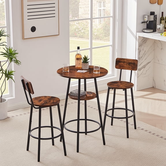 Round bar stool set with shelves, stool with backrest Rustic Brown, 23.6'' Dia x 35.4'' H