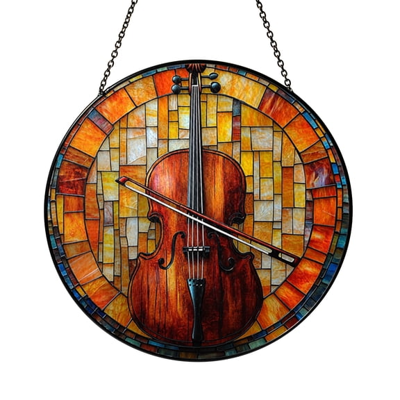 Round cello window hanging, artistic stained style decor for musicians and home interiors