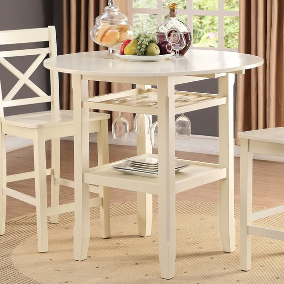 Round cream 2-shelf table with drop leaves and stemware space - Suitable for dining rooms