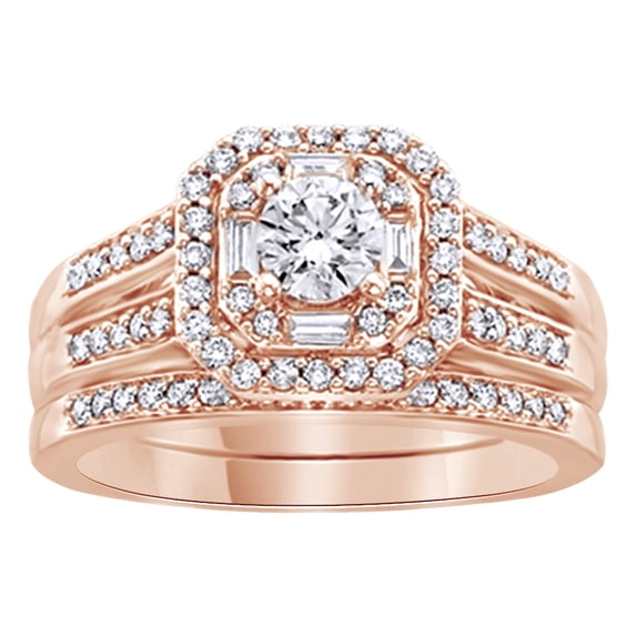 AFFY Round cut White Natural Diamond Halo Bridal Wedding Ring Set In 14K Solid Rose Gold (1 Ct) By