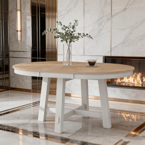 Round extendable farmhouse-style dining table with an antique white base, includes a 16-inch extension leaf to increase seating, wooden kitchen dining table