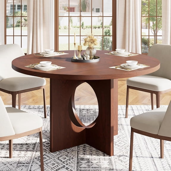 47 inch Round Dining Table for 4-6 People, Modern Kitchen Table with Thickened Edge, Compact Pedestal Base for Small Spaces, Easy Clean MDF Wood Table for Dining Room, Living Room, Walnut