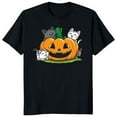 thumbnail image 1 of Round-neck long-sleeved Cat Pumpkin Graphic Cotton Casual Tee Retro T Shirt Tops Black S-5XL, 1 of 5