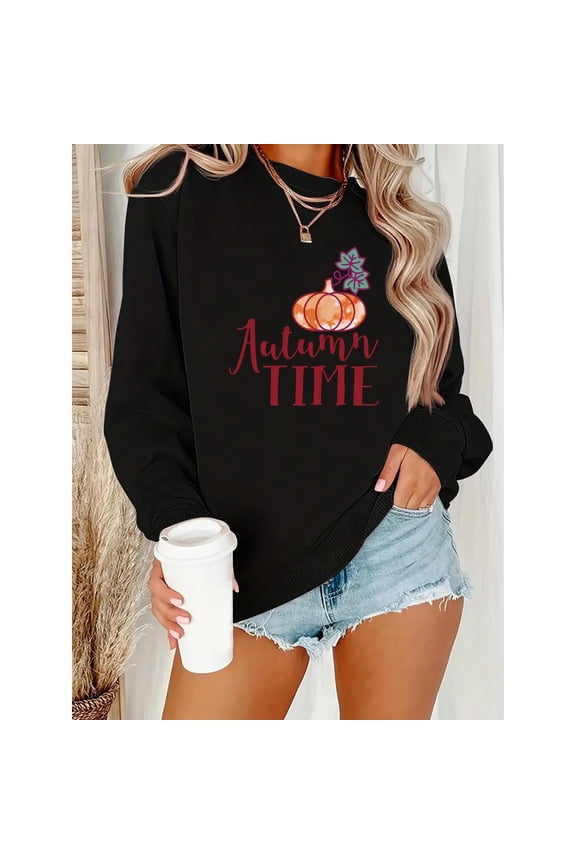 Round-neck long-sleeved Cotton Comfortable Womens Autumn Pumpkin Graphic Sweater Top Black S-3XL