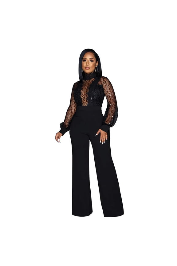 Round neck, sequin, wide-leg jumpsuit