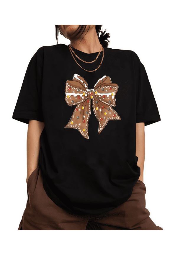 Round-neck short-sleeved Christmas brown bow chocolate bean-shaped cotton comfortable black S-5XL